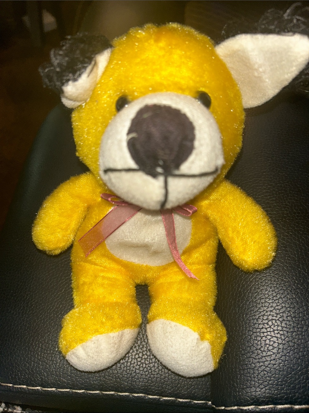 Vintage Yellow Puppy Dog Plush Black Ear Tips Pink Ribbon Stuffed Animal Rare